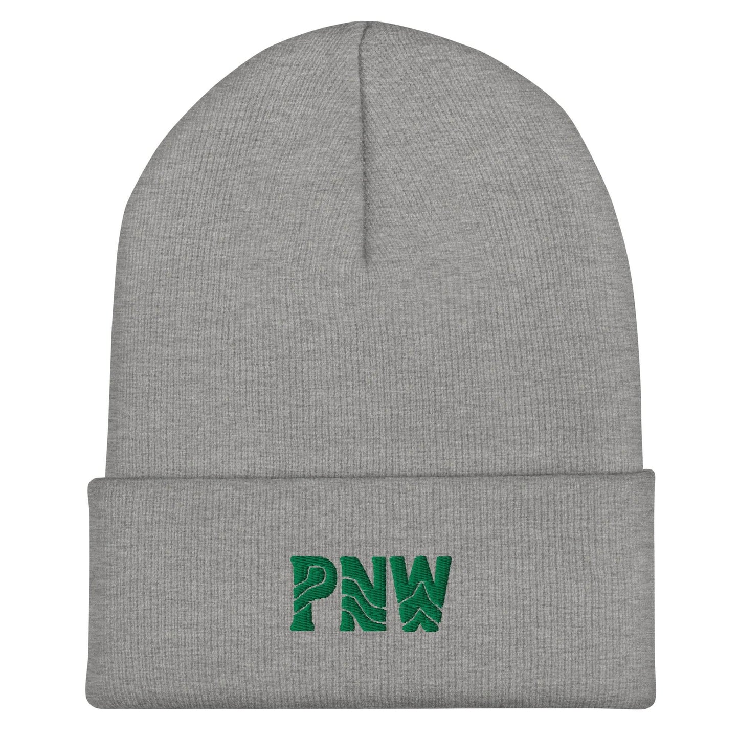 Gray cuffed beanie with green PNW embroidery, unisex and snug fit.