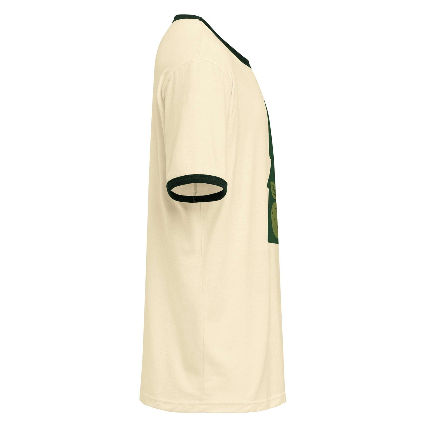 Side view of Idaho Unisex ringer t-shirt in cream with dark contrast neckline and sleeve trims