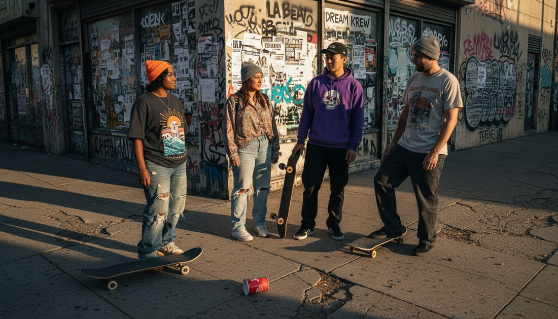 Young adults in California streetwear on city sidewalk