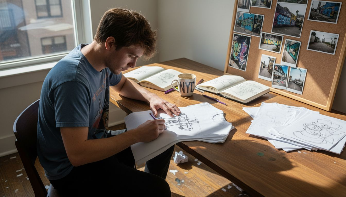 Designer sketching t-shirt ideas in apartment