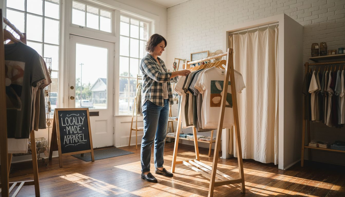 Shop owner arranging shirts in boutique