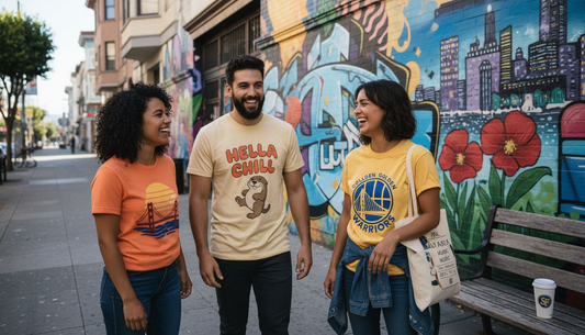 Friends wearing Bay Area culture shirts on street