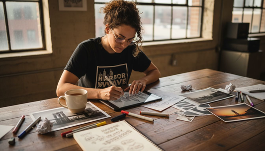 Designer sketching local pride shirt graphics