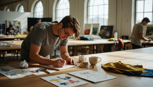 Designer sketching t-shirt in busy studio