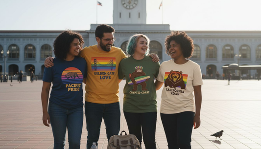 Friends wearing California Pride shirts outdoors