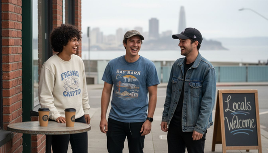 Friends wearing West Coast themed outfits outside cafe