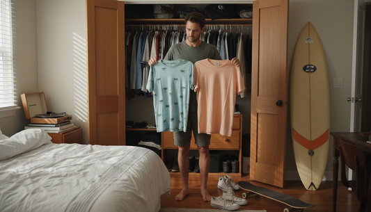 Person deciding between two California shirts