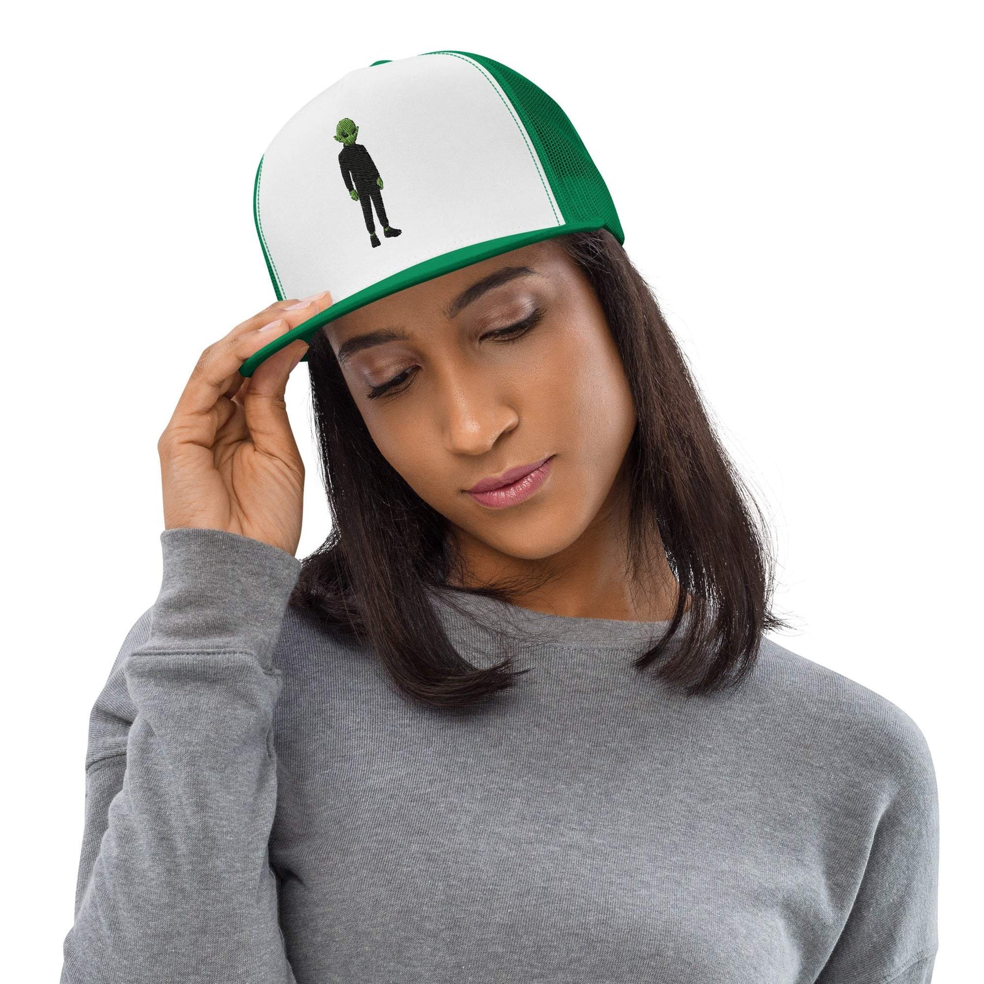  green and white Allen the Alien Trucker cap with snapback closure and flat bill