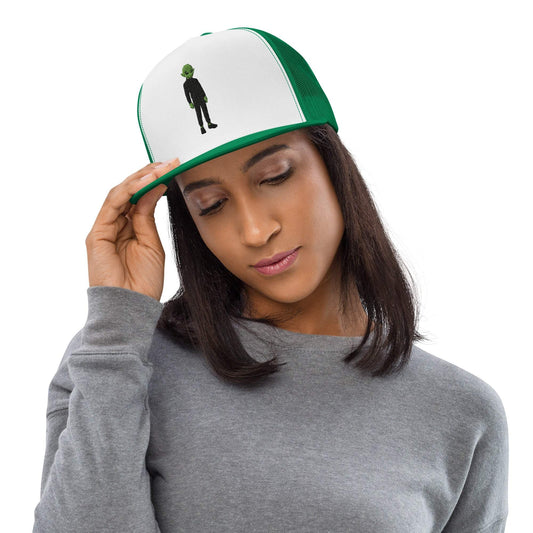  green and white Allen the Alien Trucker cap with snapback closure and flat bill