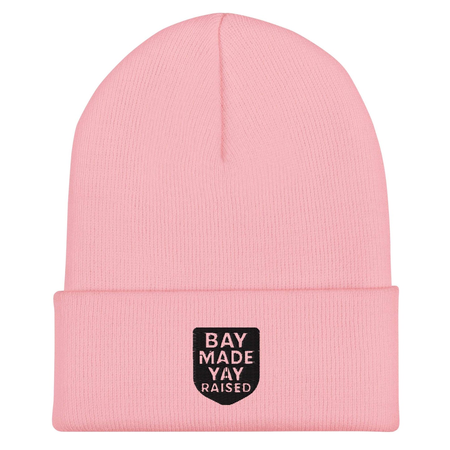 Pink Yay Raised Cuffed Beanie with Bay Made Yay Raised logo patch, 100% Turbo Acrylic, unisex winter hat