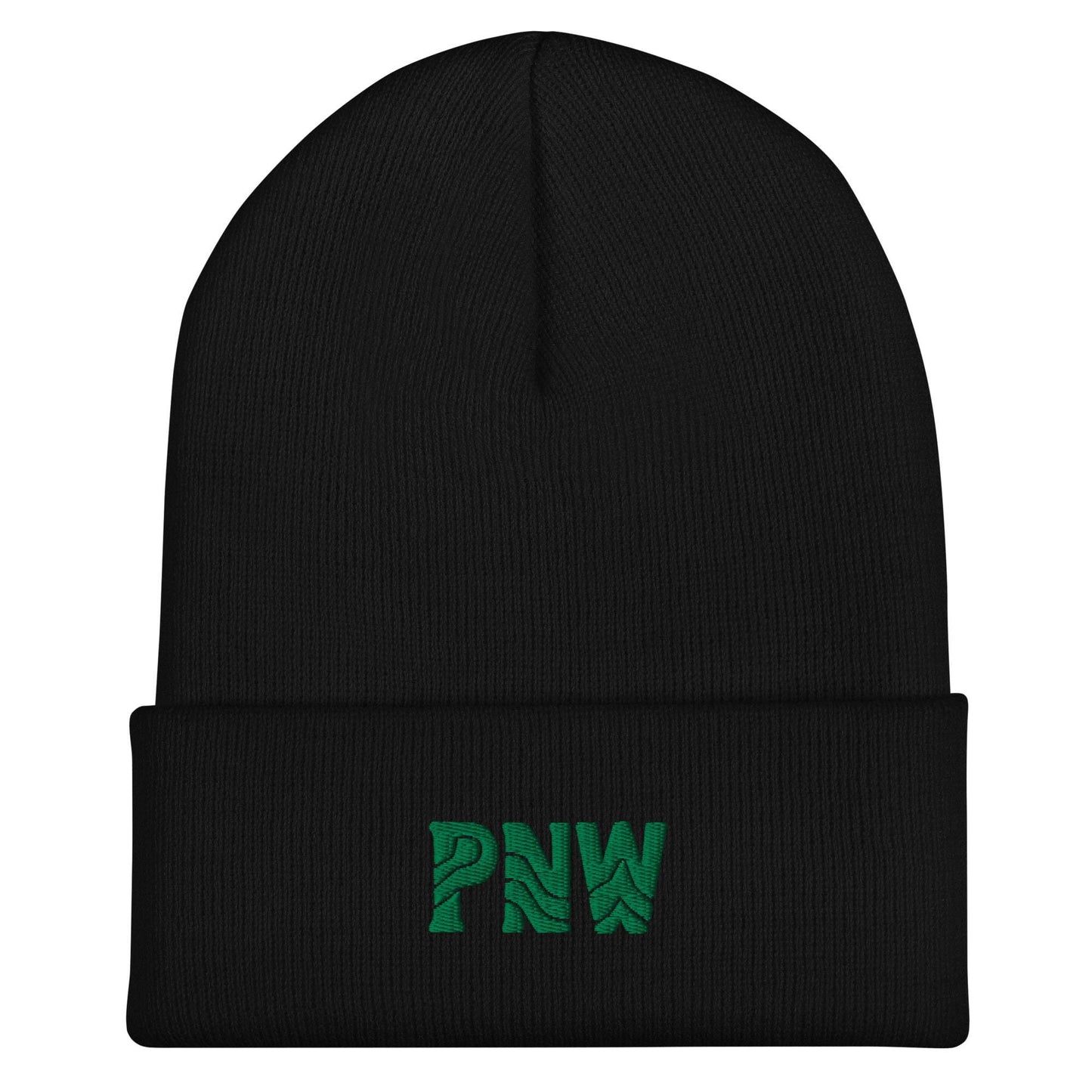 Black cuffed beanie with green PNW embroidery, 100% turbo acrylic, unisex design, 12-inch length