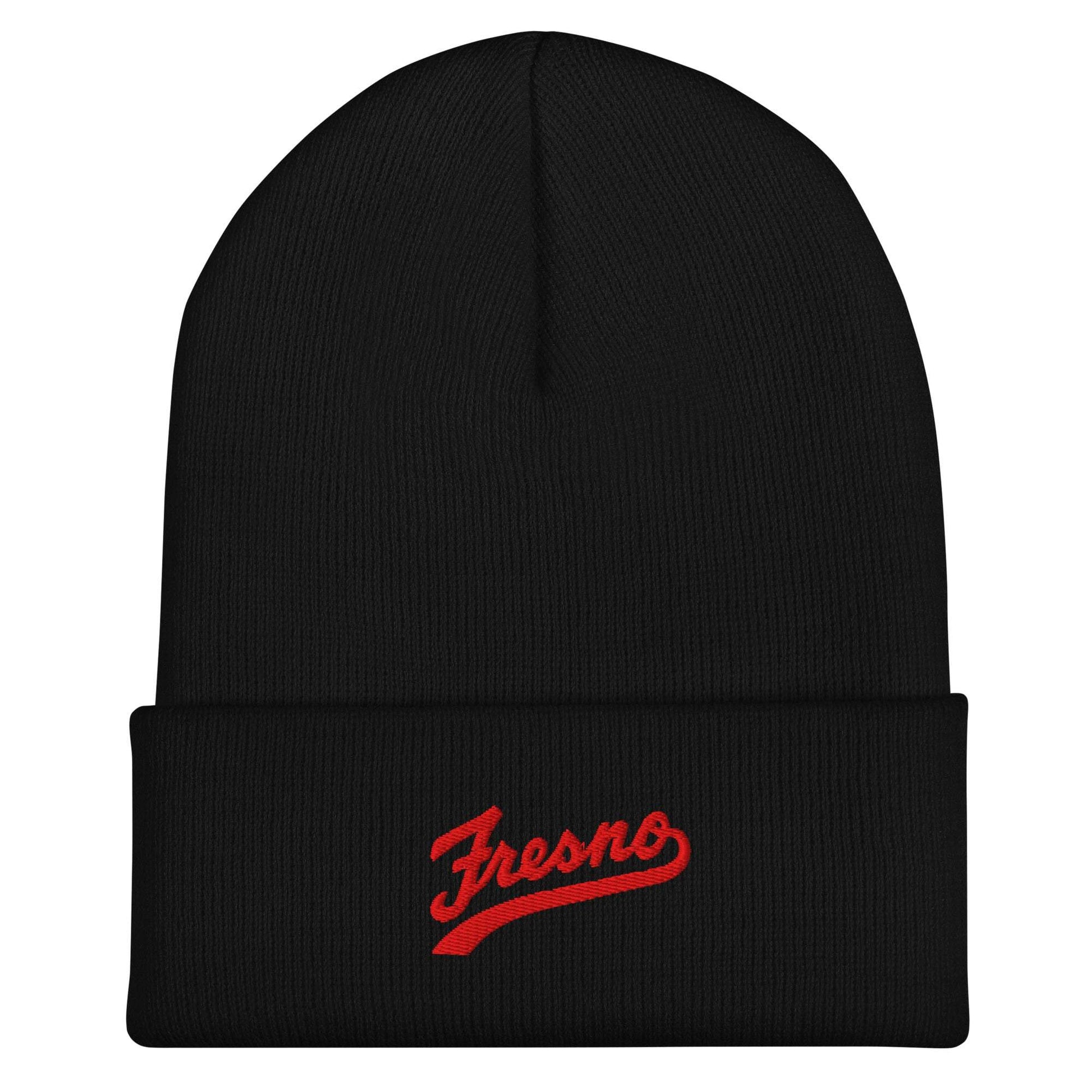 Black Fresno cuffed beanie with red embroidered Fresno text, made of 100% turbo acrylic, unisex and hypoallergenic.
