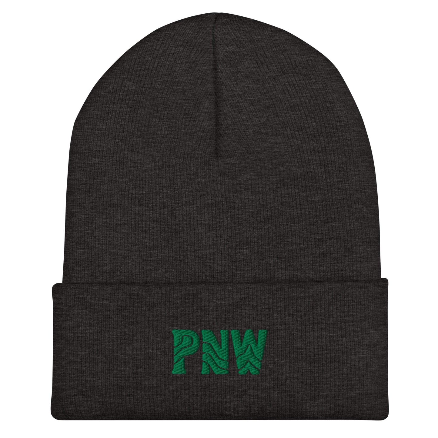 Black cuffed beanie with green PNW logo, 100% turbo acrylic, unisex and hypoallergenic