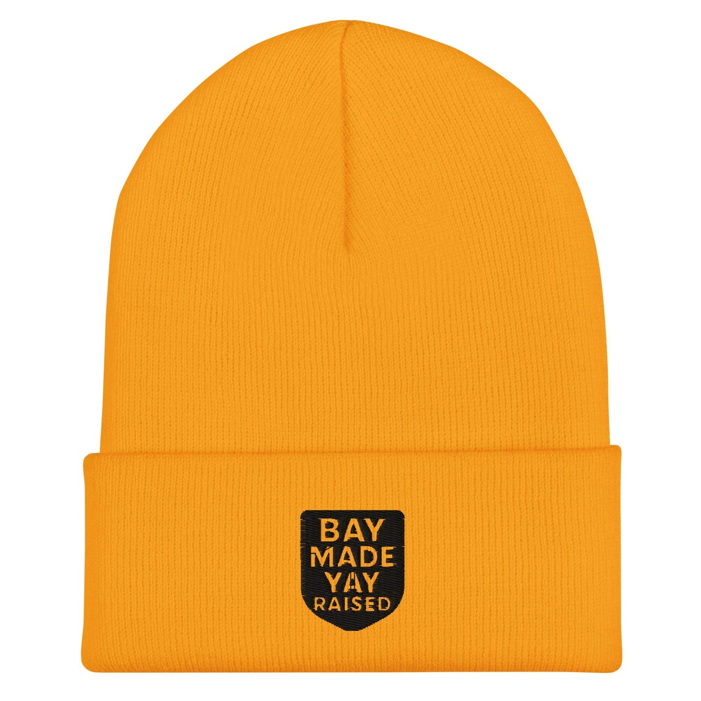 Yellow Yay Raised Cuffed Beanie with Bay Made Yay Raised patch, unisex and hypoallergenic design