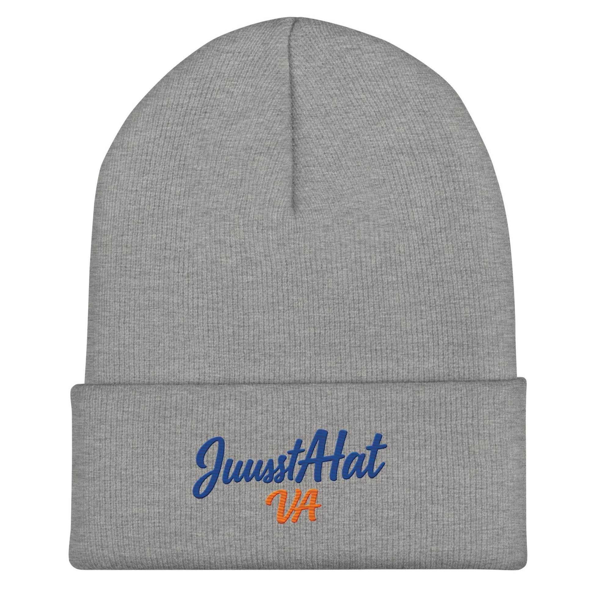 Gray JuustAHat VA Cuffed Beanie with blue and orange logo, snug fit, unisex, hypoallergenic, 100% Turbo Acrylic