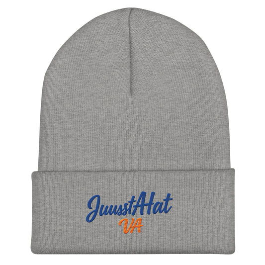 Gray JuustAHat VA Cuffed Beanie with blue and orange logo, snug fit, unisex, hypoallergenic, 100% Turbo Acrylic