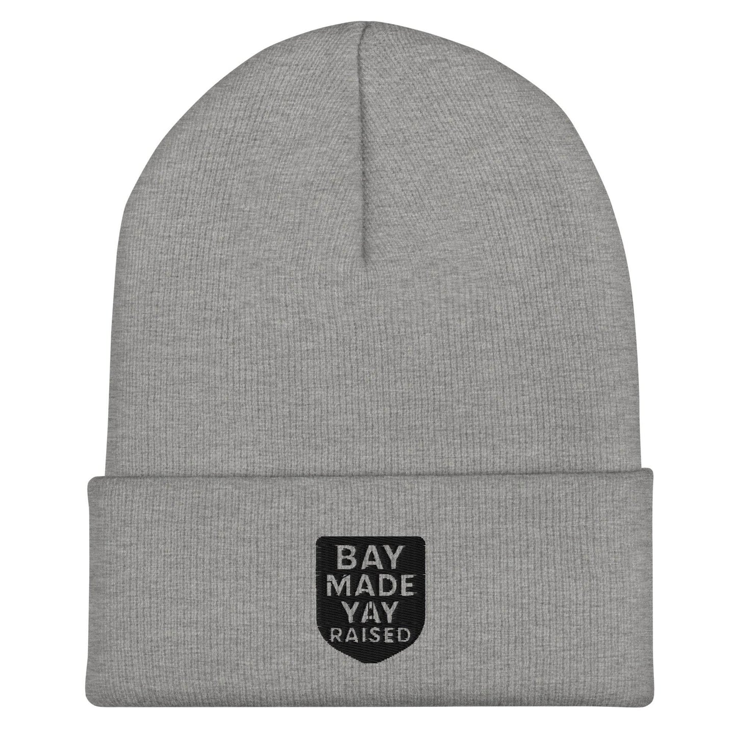 Gray Yay Raised Cuffed Beanie with Bay Made Yay Raised patch, unisex and hypoallergenic design