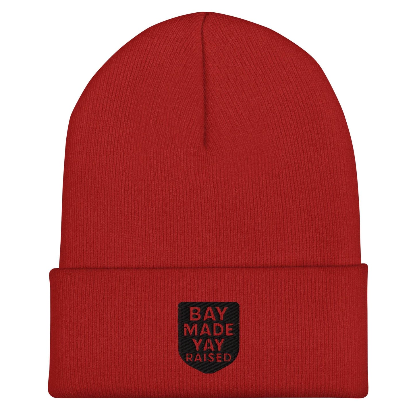 Red Yay Raised Cuffed Beanie with Bay Made Yay Raised patch, unisex, 100% turbo acrylic, hypoallergenic and hand washable