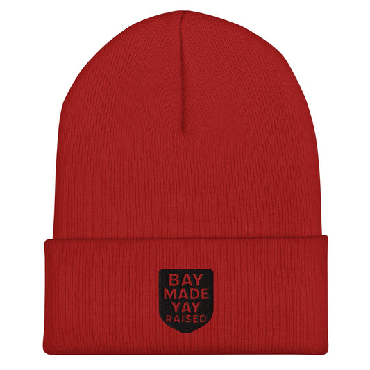 Red Yay Raised Cuffed Beanie with Bay Made Yay Raised patch, unisex, 100% turbo acrylic, hypoallergenic and hand washable