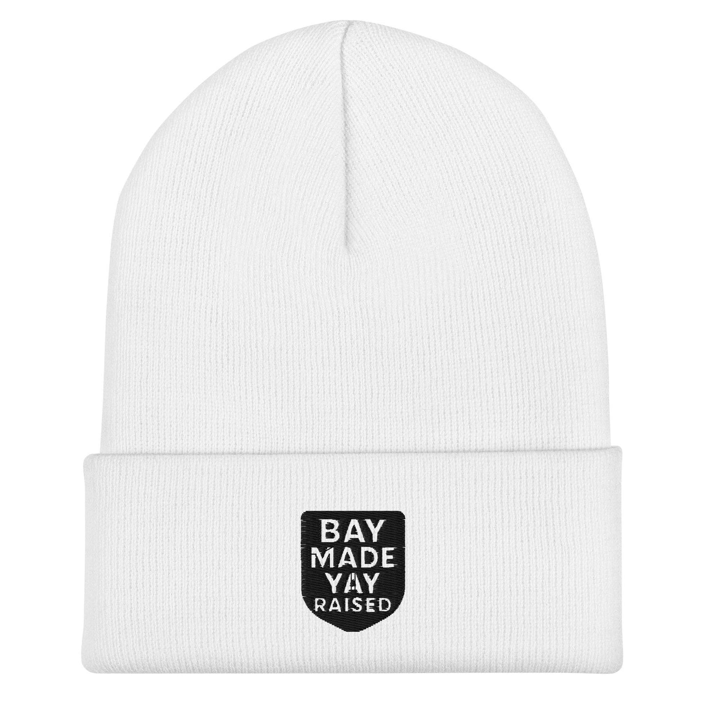 White Yay Raised Cuffed Beanie with Bay Made Yay Raised logo patch, unisex 100% turbo acrylic knit hat