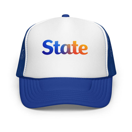 State Blue & Orange Foam trucker hat with breathable mesh back and adjustable snap closure