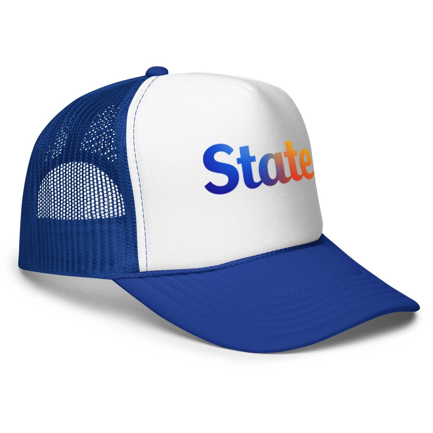 State Blue & Orange Foam trucker hat with breathable mesh back and adjustable snap closure