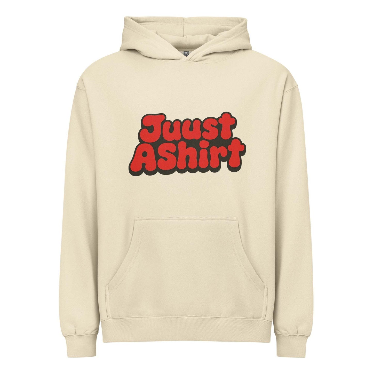 JuustAShirt Men’s box hoodie in cream with red logo, oversized fit, drop shoulders, overlapped neckline, and kangaroo pocket