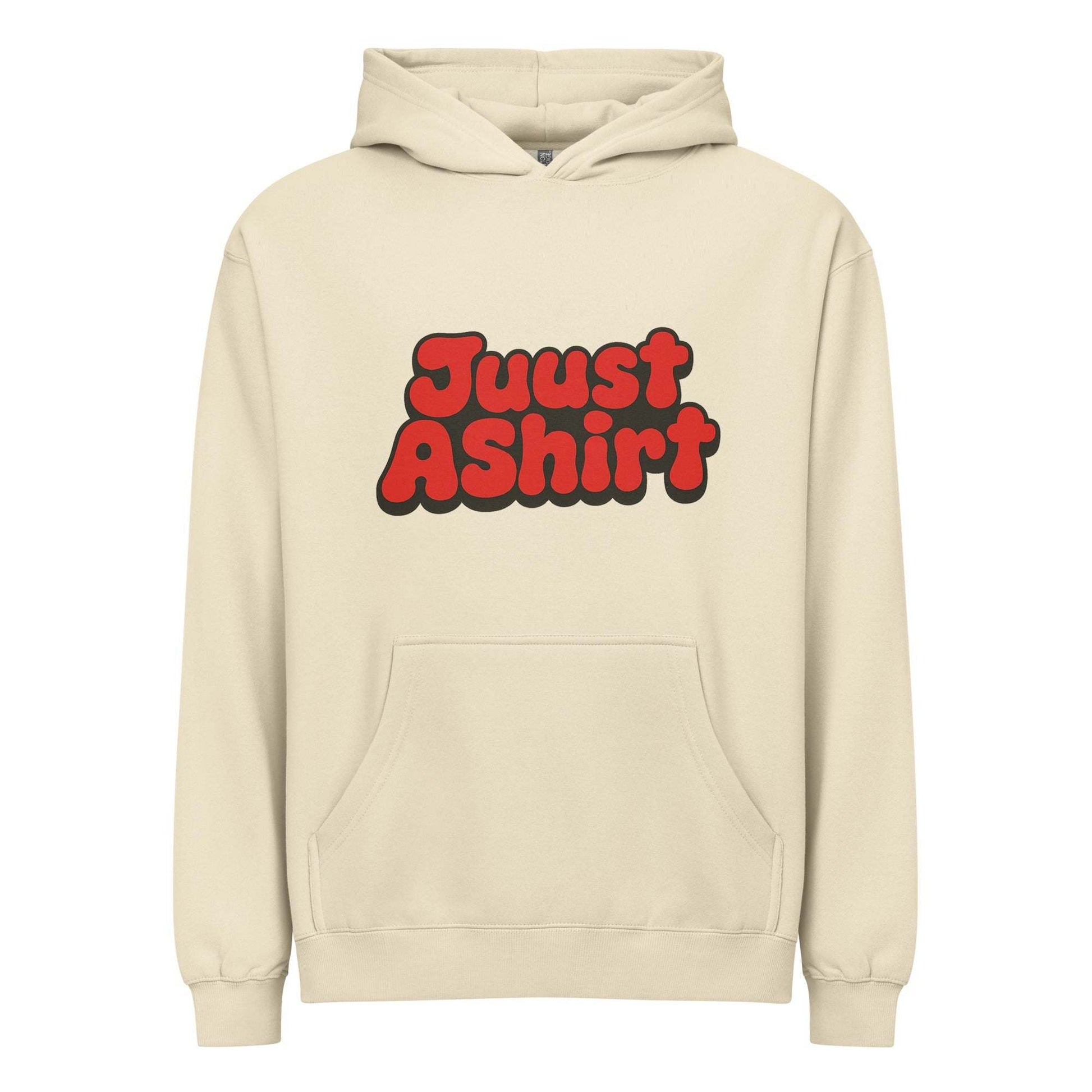 JuustAShirt Men’s box hoodie in cream with red logo, oversized fit, drop shoulders, overlapped neckline, and kangaroo pocket