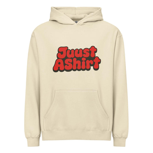 JuustAShirt Men’s box hoodie in cream with red logo, oversized fit, drop shoulders, overlapped neckline, and kangaroo pocket
