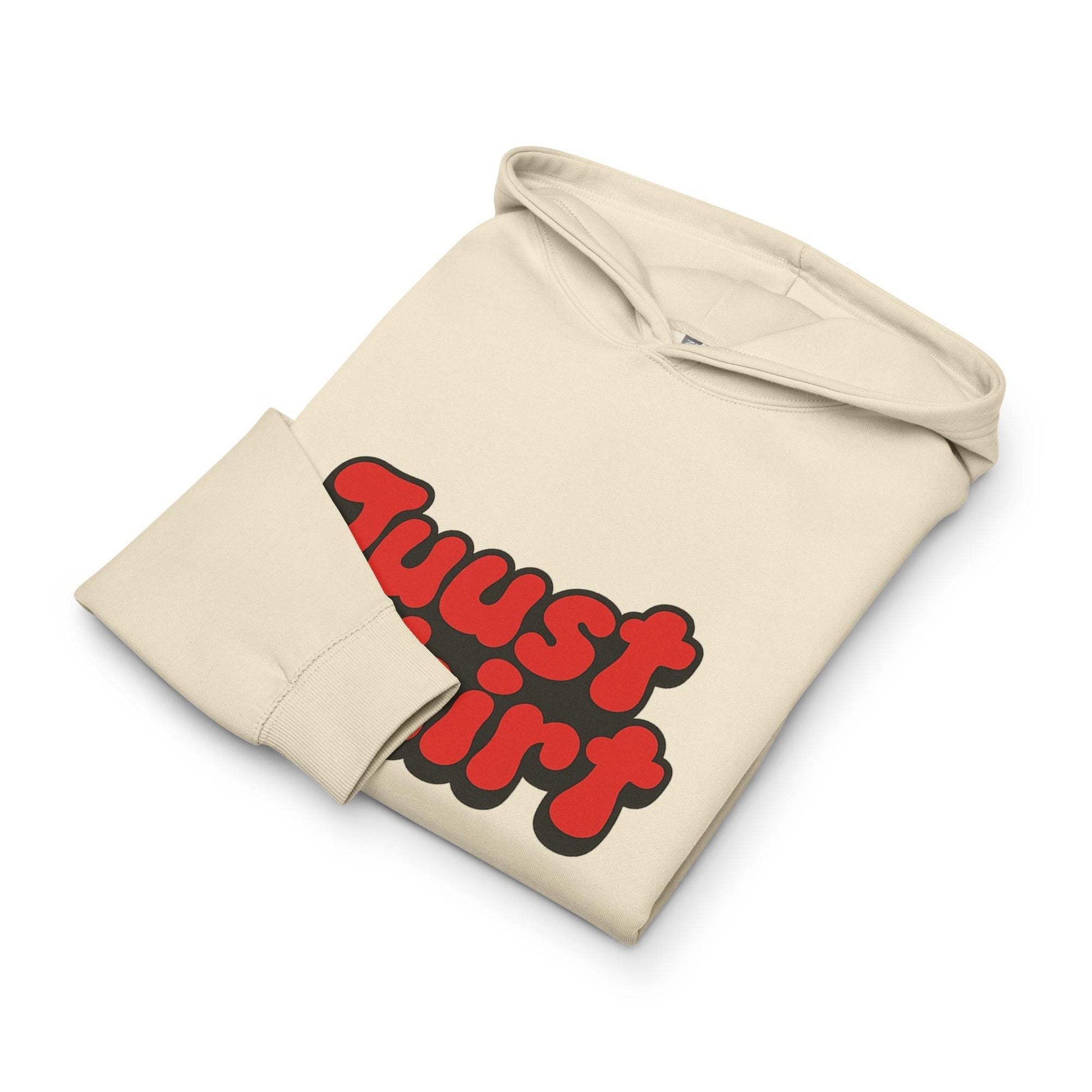 JuustAShirt Men’s box hoodie in cream with red logo, oversized relaxed fit, double-layered hood, and drop shoulders