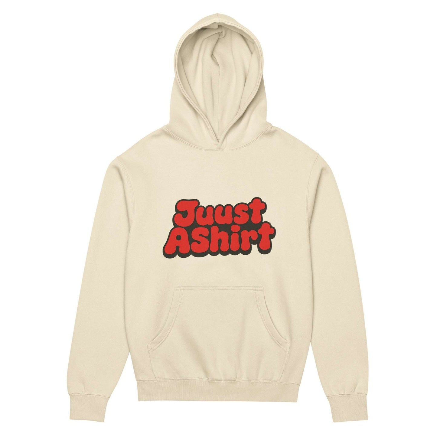 JuustAShirt Men’s box hoodie in cream with red logo, oversized fit, drop shoulders, overlapped neckline, and soft fleece fabric
