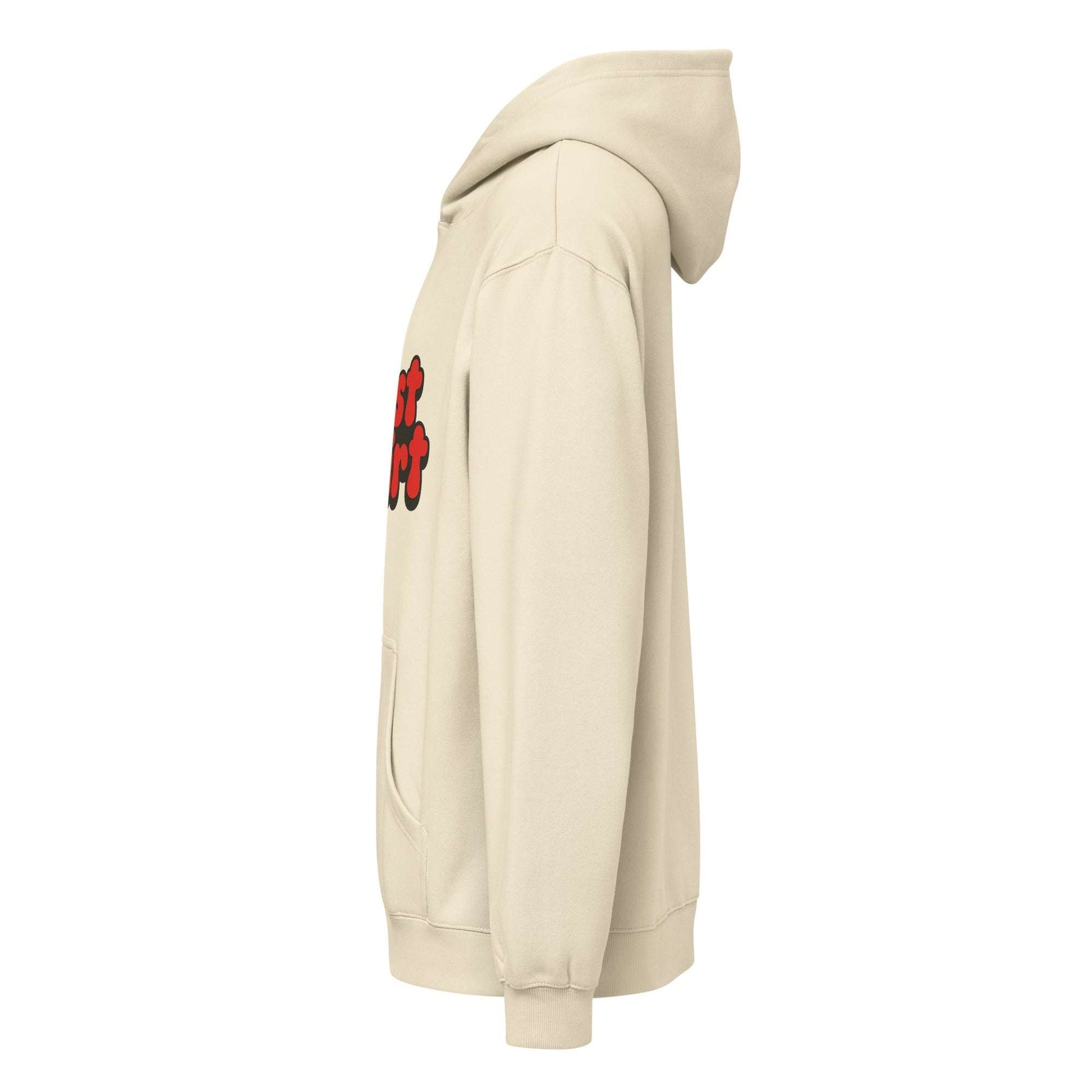 JuustAShirt Men’s box hoodie side view in beige with oversized fit and drop shoulders