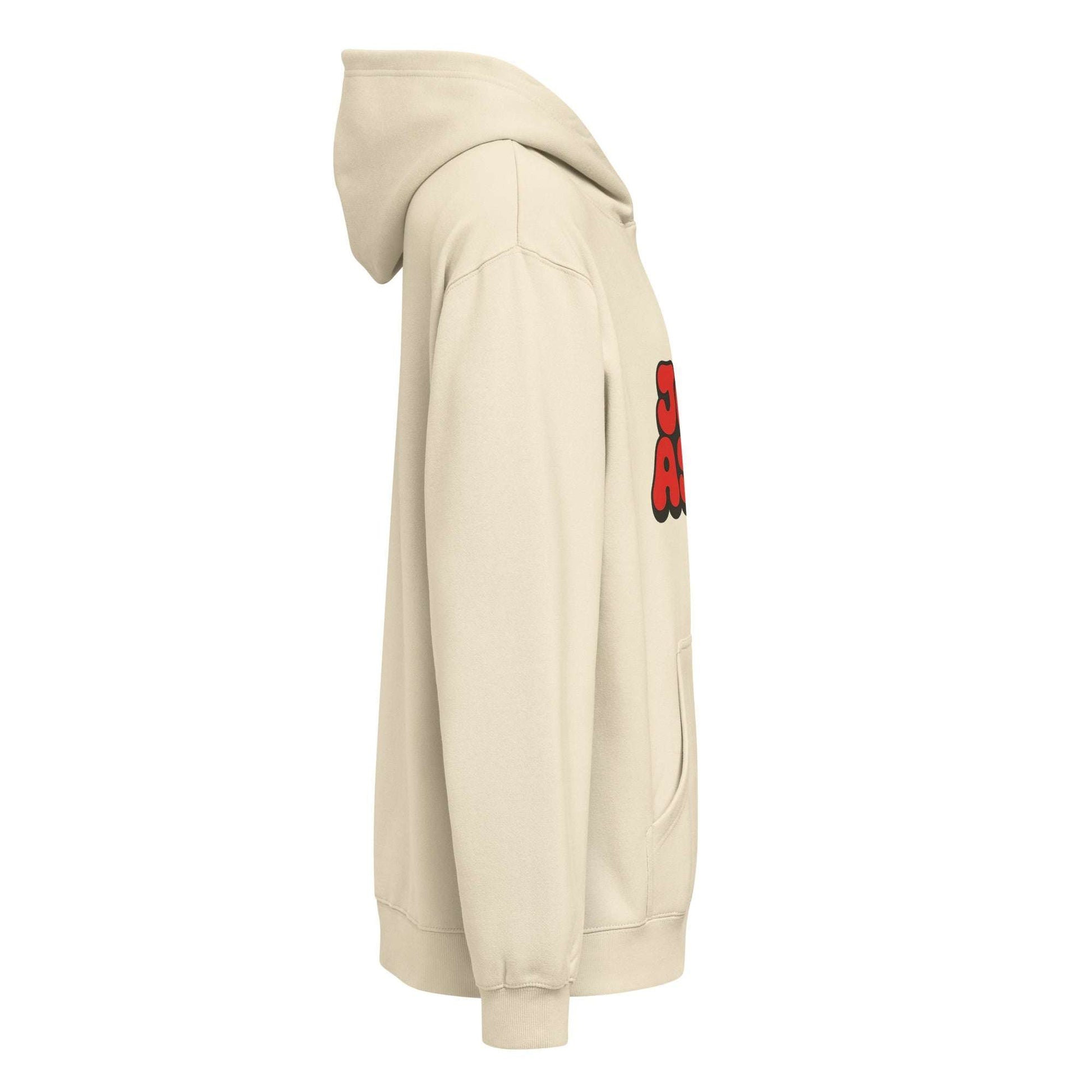 JuustAShirt Men’s box hoodie in beige with oversized fit and drop shoulders, featuring double-layered hood and front pocket.