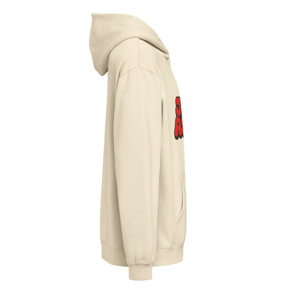 JuustAShirt Men’s box hoodie in beige with oversized fit and drop shoulders, featuring double-layered hood and front pocket.