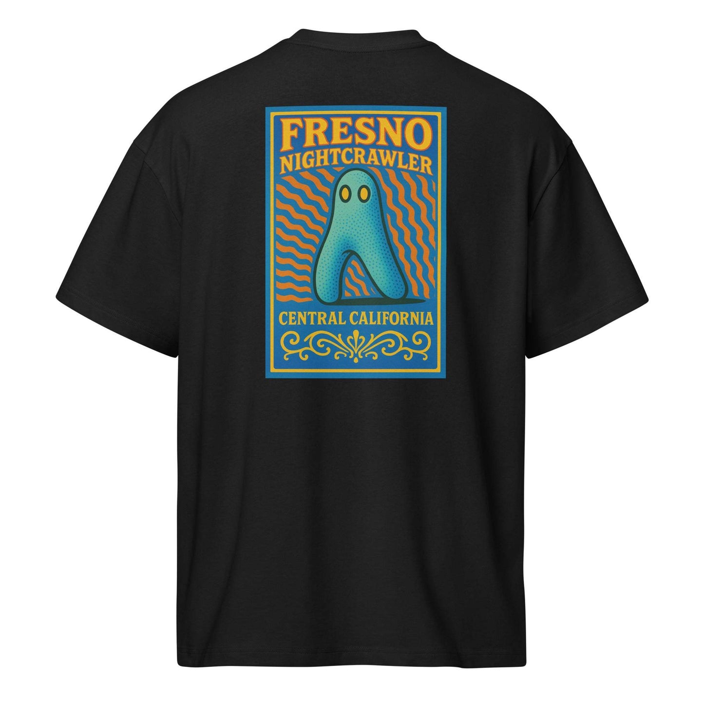 Black men’s box tee with colorful Nightcrawler Fresno cryptid and Central California text on back