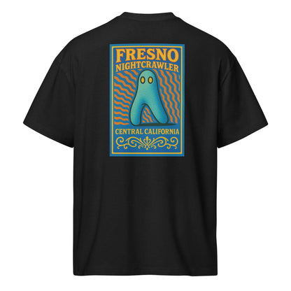 Black men’s box tee with colorful Nightcrawler Fresno cryptid and Central California text on back