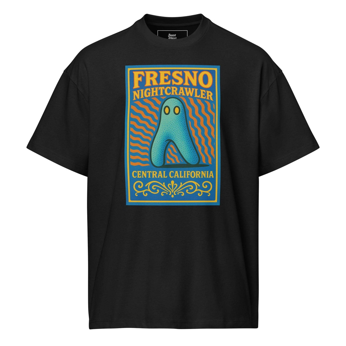 Black box tee featuring colorful Nightcrawler Fresno cryptid design and text promoting Central California mystery