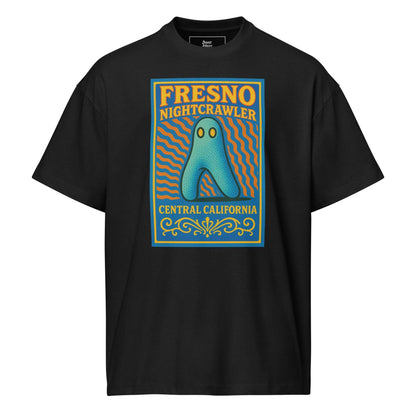 Black box tee featuring colorful Nightcrawler Fresno cryptid design and text promoting Central California mystery