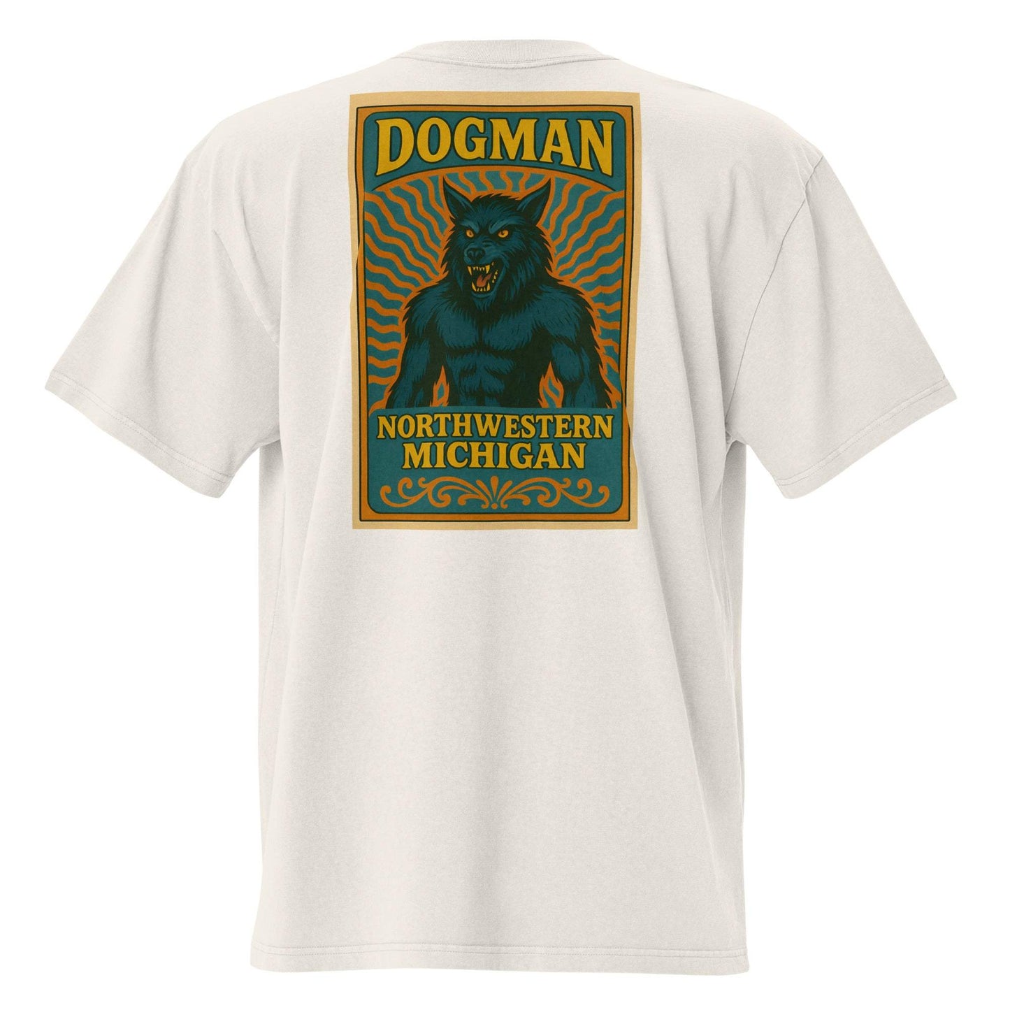 White unisex t-shirt featuring Michigan's Dogman graphic with glowing eyes and text Northwestern Michigan