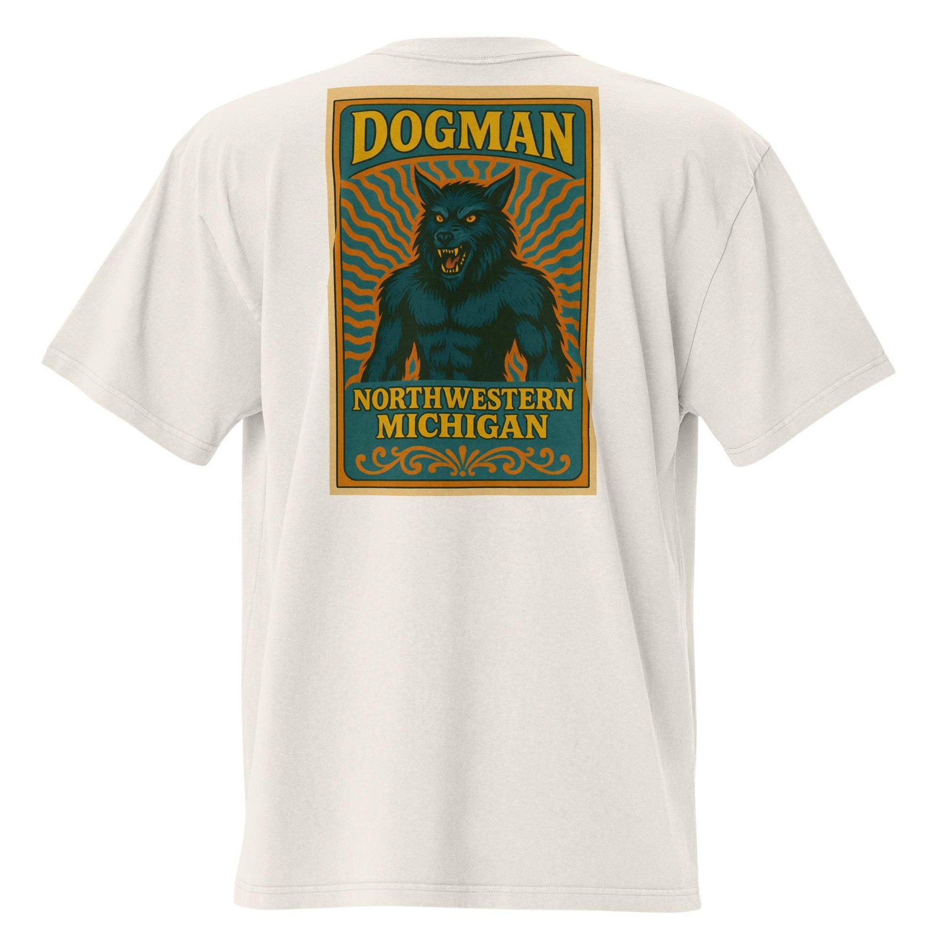 White unisex t-shirt featuring Michigan's Dogman graphic with glowing eyes and text Northwestern Michigan