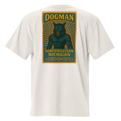 White unisex t-shirt featuring Michigan's Dogman graphic with glowing eyes and text Northwestern Michigan