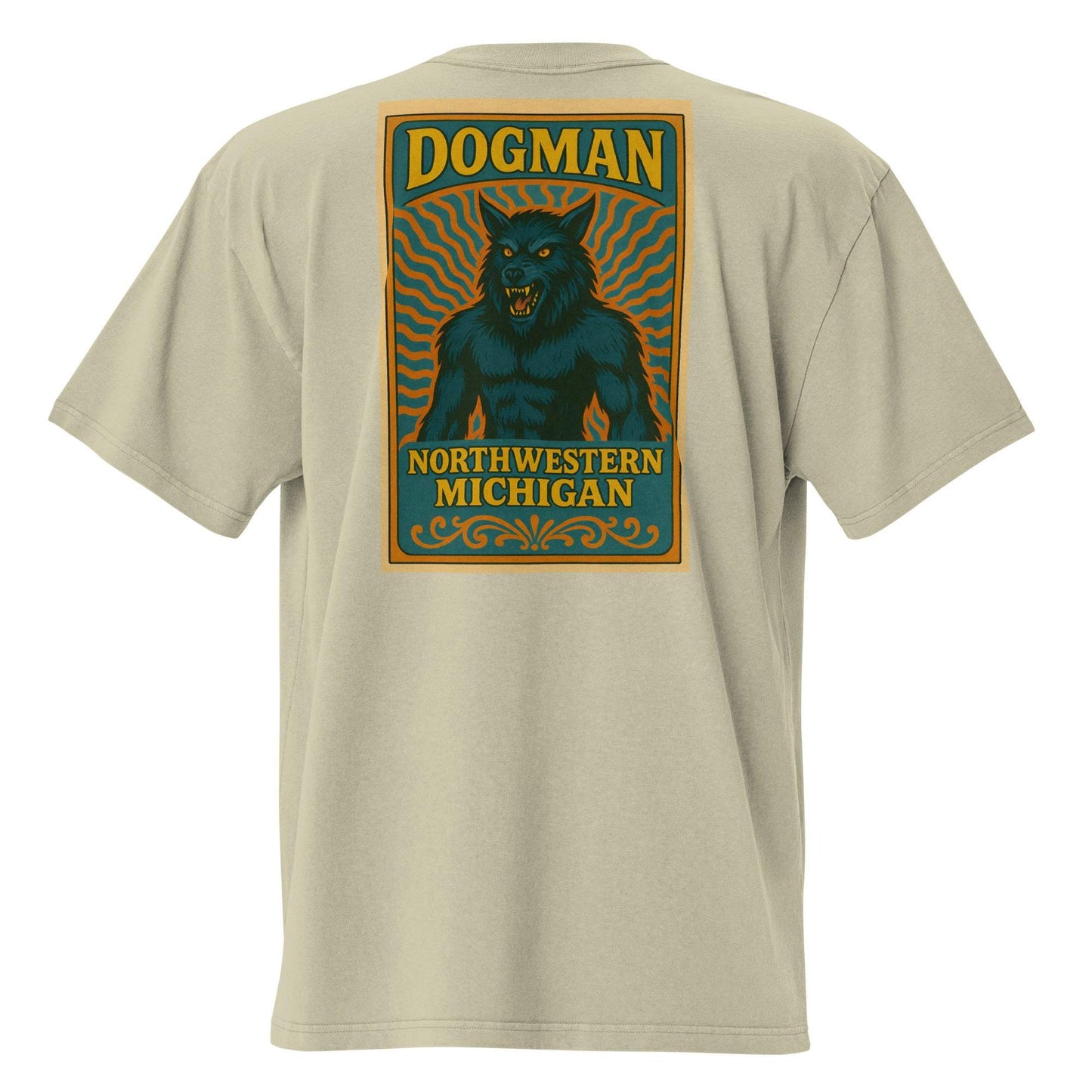 Beige t-shirt featuring a graphic of Michigan's Dogman with text "Dogman Northwestern Michigan" on the back.