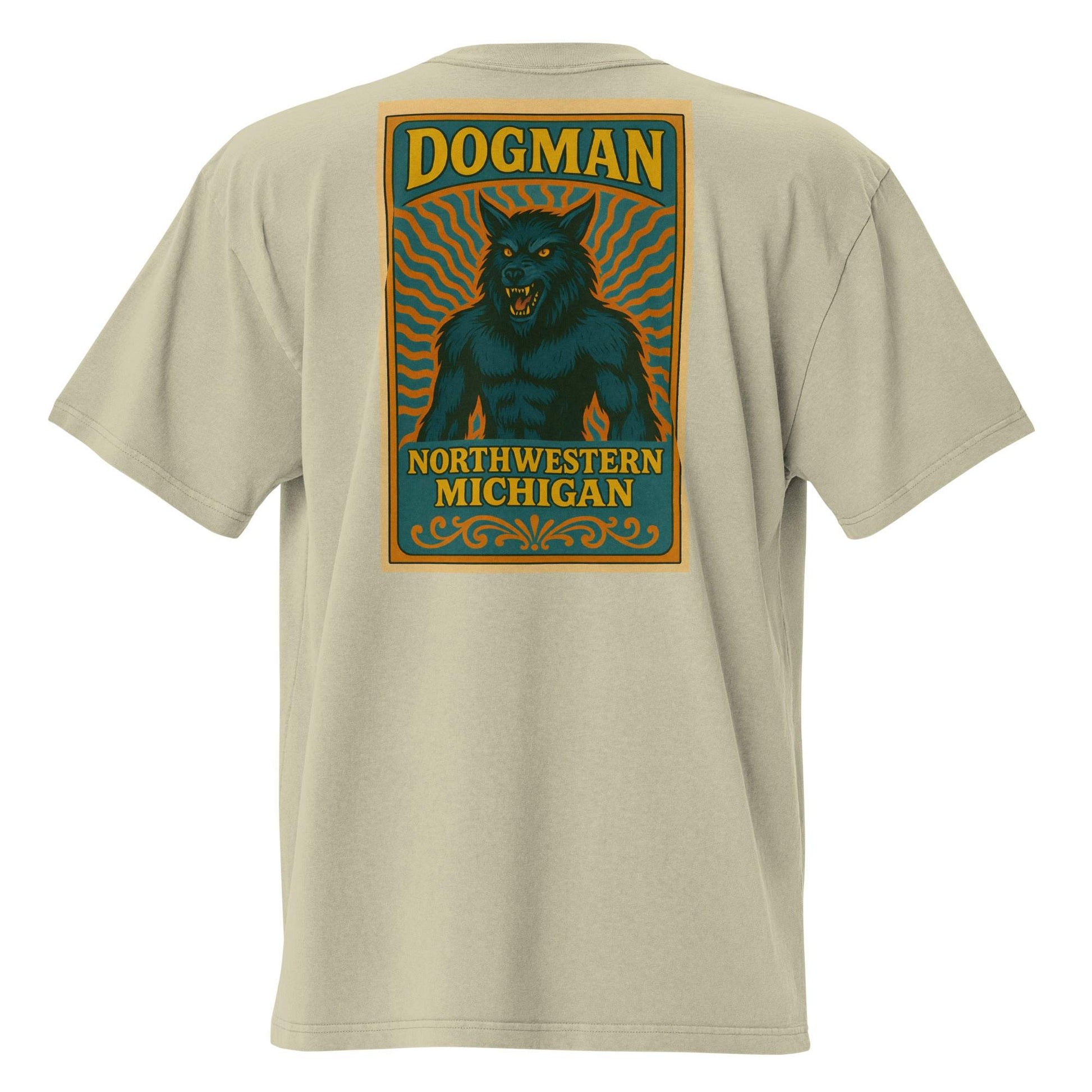 Beige t-shirt featuring a graphic of Michigan's Dogman with text "Dogman Northwestern Michigan" on the back.