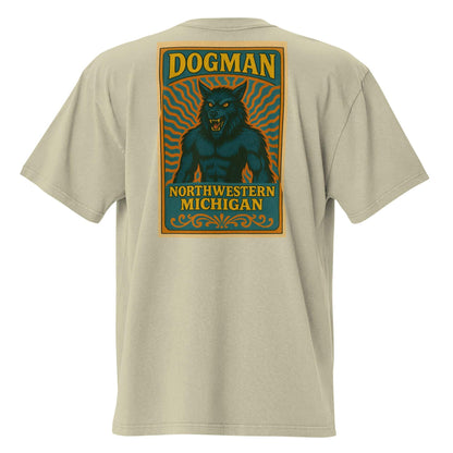Beige t-shirt featuring a graphic of Michigan's Dogman with text "Dogman Northwestern Michigan" on the back.