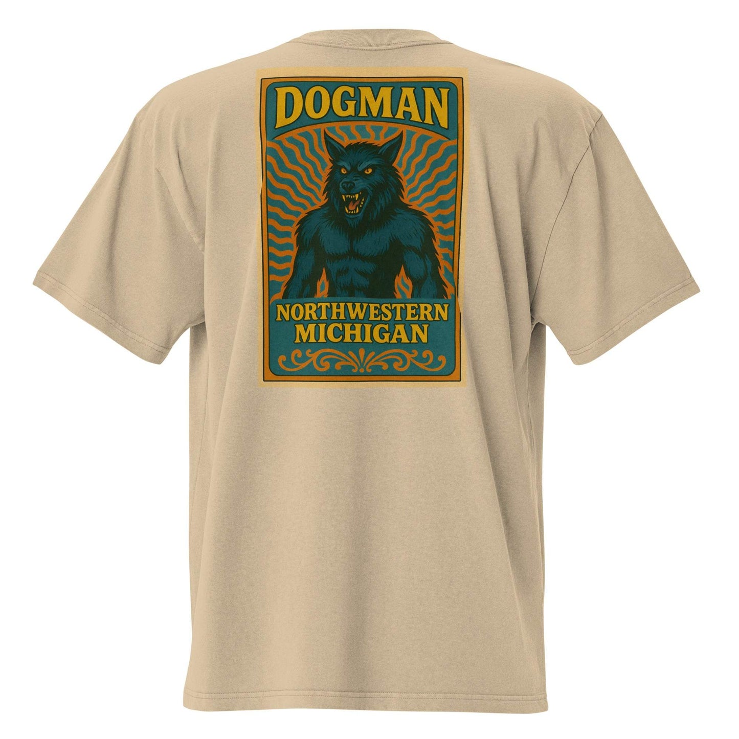 Beige t-shirt featuring Michigan’s Dogman graphic with glowing eyes and text Northwestern Michigan on back