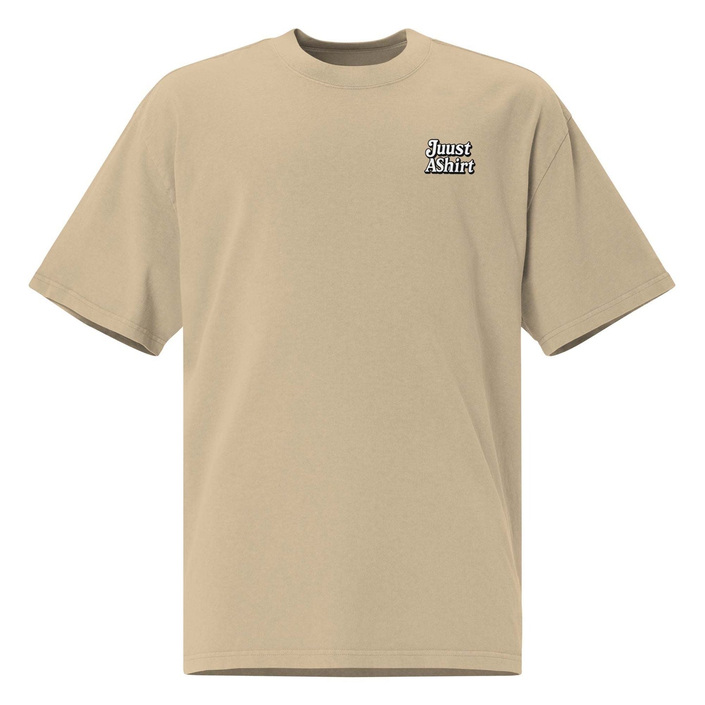 beige unisex cotton blend t-shirt with small "Juust AShirt" text, Michigan's Dogman cryptid themed design