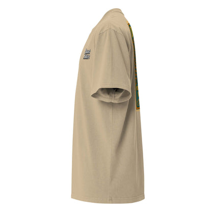 Side view of beige Michigan's Dogman unisex cotton blend t-shirt with graphic design on the back and small text on front chest