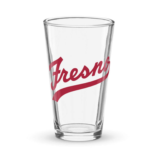 Clear Fresno Shaker pint glass with red Fresno text, 16 oz capacity, durable design, ideal for drinks and mixing cocktails