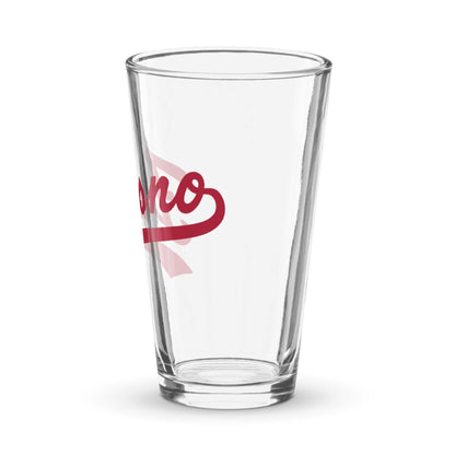 Clear Fresno Shaker pint glass with red Fresno text, 16 oz capacity, durable design for drinks and cocktail mixing
