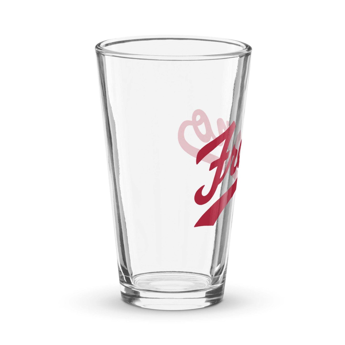 Clear Fresno Shaker pint glass with red logo, 16 oz capacity, durable design for drinks and cocktails